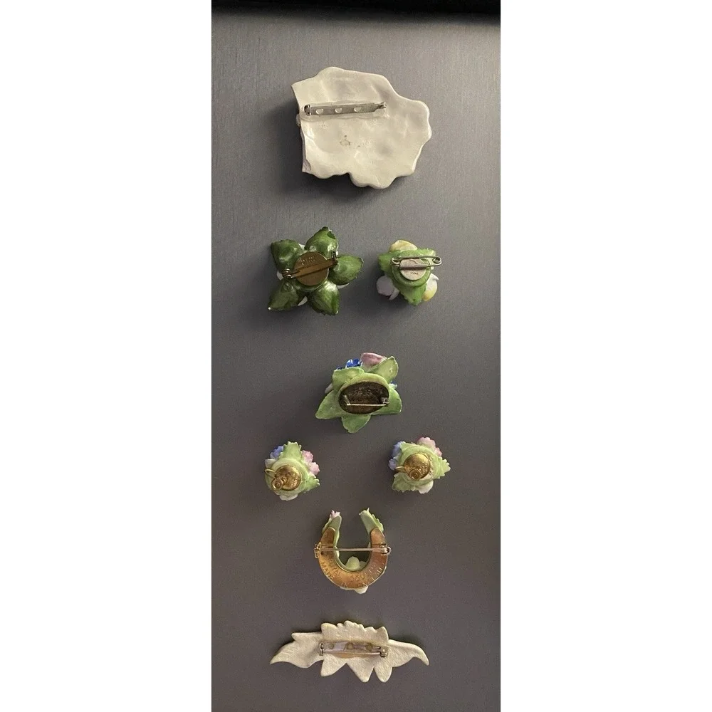 VTG Denton England & Porcelain Flower Floral Brooch Pin Screw Back Earrings Lot